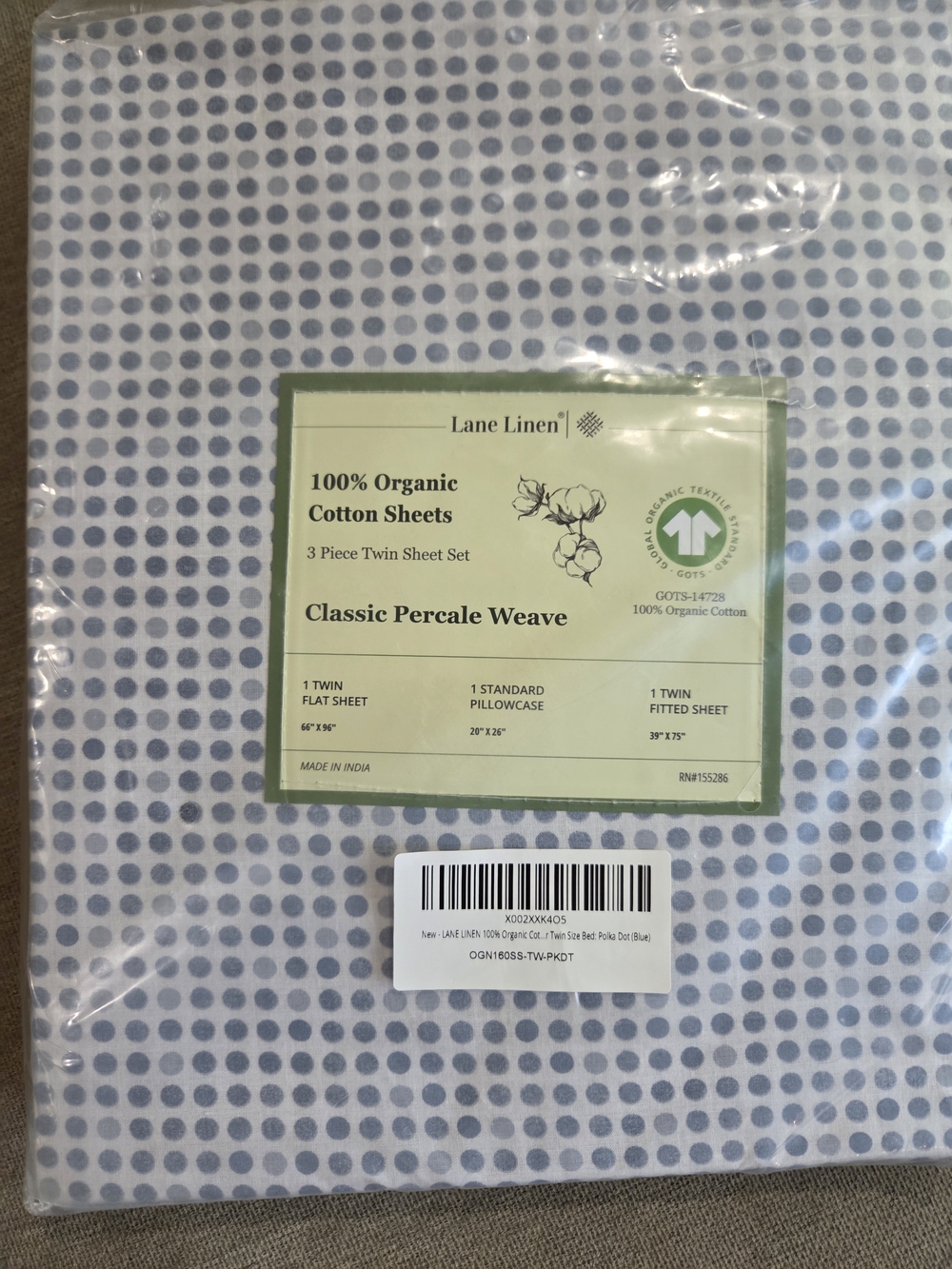 100% Organic Cotton Twin Sheet Set in Blue Dot